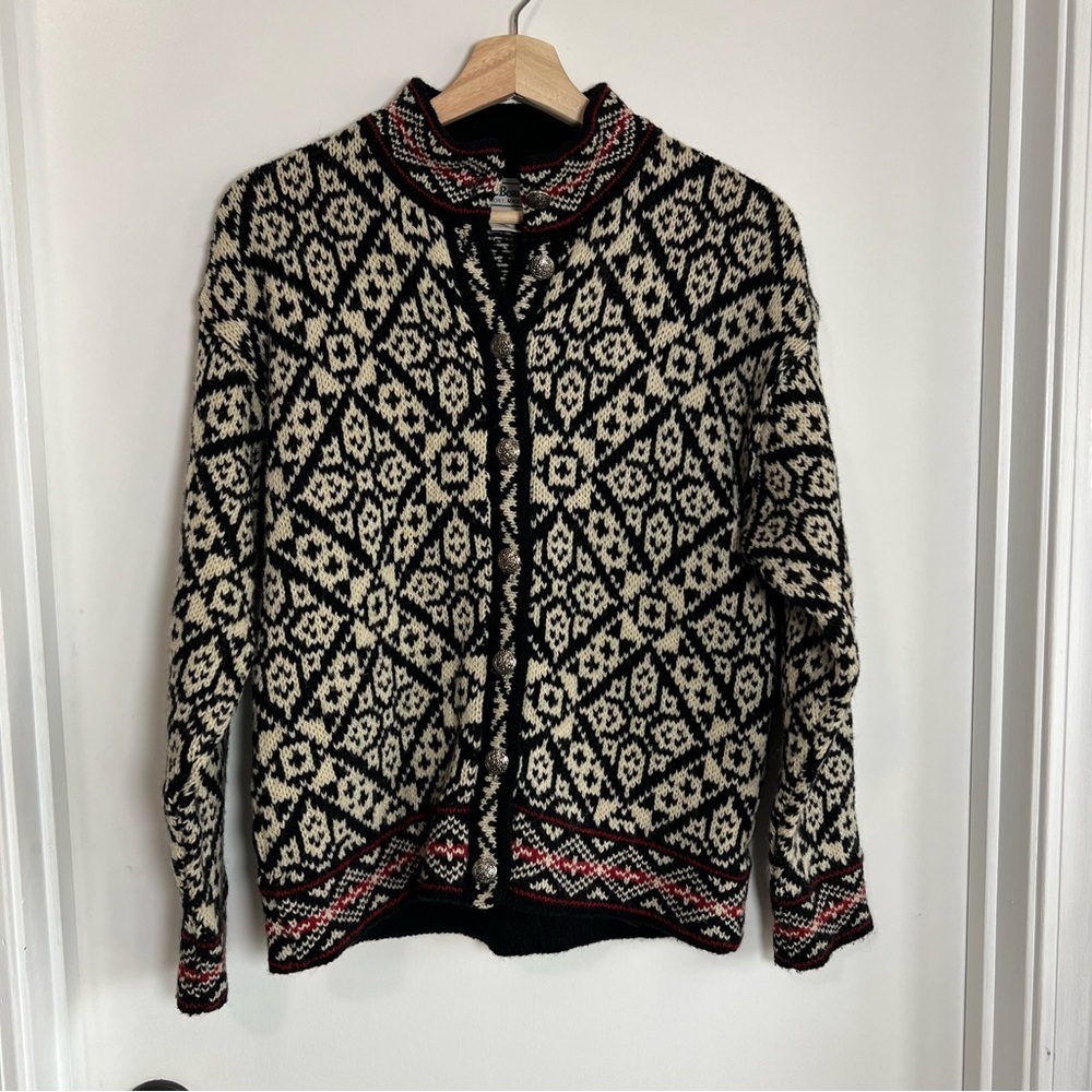 L.L. Bean Vintage Nordic Fair Isle Black Cream‎ Red Wool Blend Cardigan, Size S